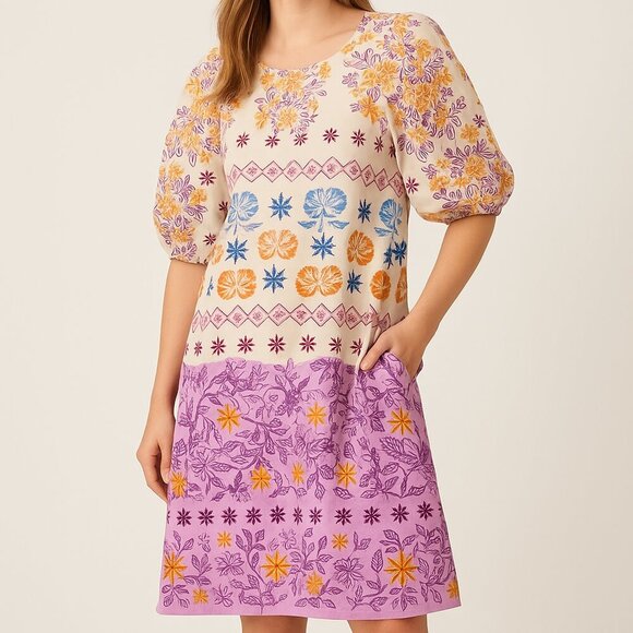 Oliphant Cotton Poplin Mini Dress Orange Purple Puff Sleeve Size M - Picture 1 of 7